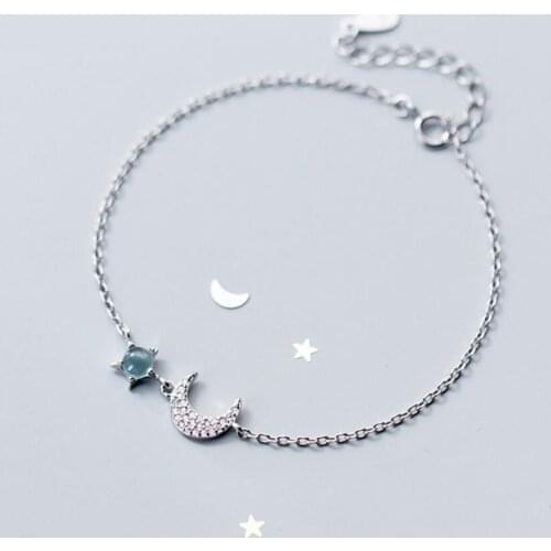 Blue Crystal Stars Moon Cute 925 Sterling Silver Temperament Female Trendy Resizable Bracelets SBR082