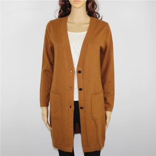Top quality 100%goat cashmere knit womens fashion long cardigan sweater coat single breasted V-neck khaki brown 6colors S-4XL