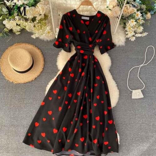 Heart Print Summer Dress Women 2021 Romantic Sexy V Neck Elegant Dress Fashion Long Bandage Ladies Party Dresses