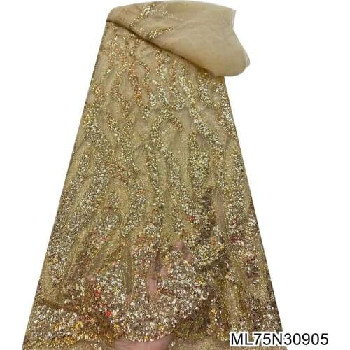 Gold lace french handmade bead and sequin fabric 2021 high quality nigerian african lace fabric 5yard mesh for dress ML75N309