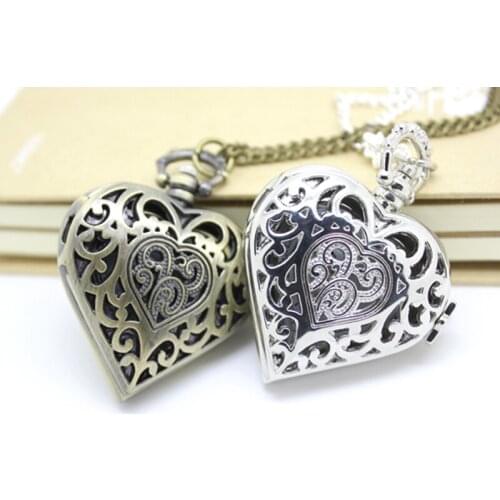 1073) 12 pcs/lot Free shipping Boutique antique heart-shaped hollow out carven pocket watch pendant necklaces party gift