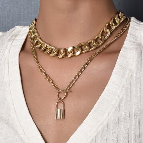 2 Pcs/Set Bohemian Women Necklaces Set Fashion Thick Chain Lock Pendant Double Gold Color Clavicle Chain Ladies Sexy Jewelry