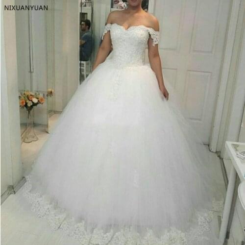 Off Shoulder Ball Gowns Princess Lace Wedding Dresses Sweetheart Appliques Beaded Wedding Gowns Puffy Skirt Lace-Up Bride Dress