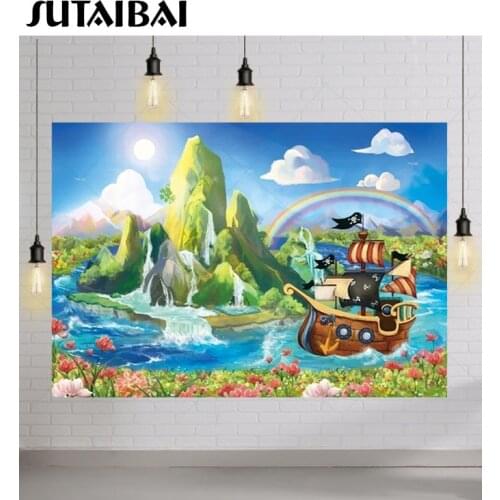 Blue Sky Rainbow Pirate Explore Theme Kids Birthday Party Background Boat Sail Flowers Ocean Mountains Photography Backdrop