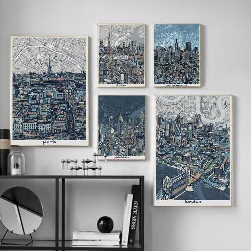 Vintage San Francisc London Paris Cities Maps Canvas Painting Prints Wall Art Poster Picture for Living Room Home Interior Decor