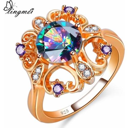 Lingmei New Design Luxury Elegant Round Multi Purple & Blue Olive Green White CZ GoldRing Size 6-9 Women Jewelry
