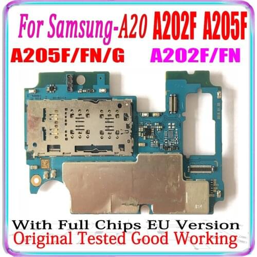 100% Original Unlocked For Samsung Galaxy A20 A205F A205FN A205G A202F A202FN 32GB Motherboard 2 SIM Card Logic Board EU Version