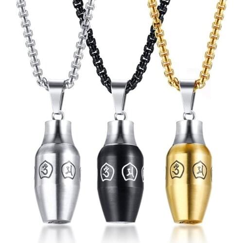 Mens Urn Necklaces Mantra Prayer Words Can Be Opened Stainless Steel Bottle Pendant Male Collar Free Chain 24"
