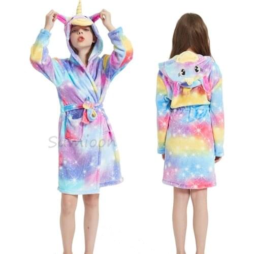 Winter Big Boys Girls Bath Robe Children Unicorn Hooded Flannel Pajamas Cartoon Bathrobes for Boys Girls Towel Pajamas Nightgown