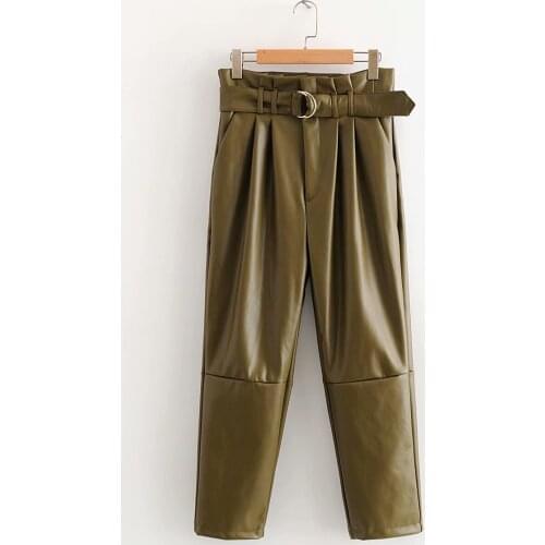 2021 New autumn winter army green leather pants high waist paperbage pants women sweatpants fashion streetwear