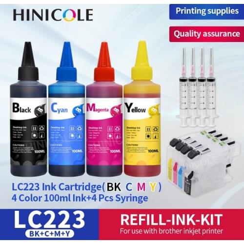 Hinicole New 4×100ml Printer Ink + LC223 XL Refillable Ink Cartridges For Brother LC 223 221 225 227 229 MFC J5320DW J5620DW
