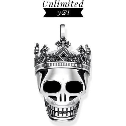 Skull Crown Pendants Skeleton King 925 Sterling Silver Black CZ Fashion Good DIY Jewelry Men Fit Thomas Style Necklace 2019 New