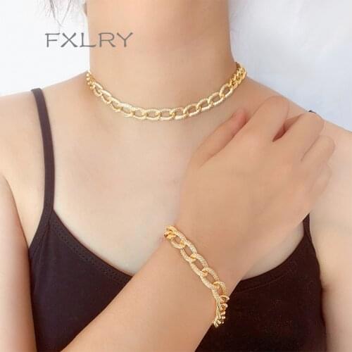 FXLRY Luxury Heavy Cuban Link Necklace Micro Full Pave Cubic Zirconia Gold color Chain Choker Necklace For Women Jewelry