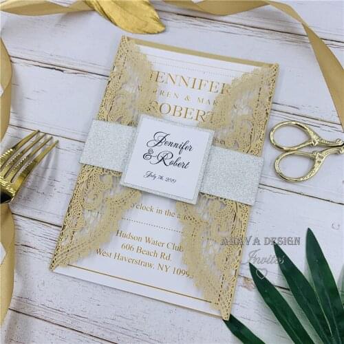 Luxury Pearl Gold Laser Cut Wedding Invitation With Glitter Silver Belly band, Customized Insert And Tag