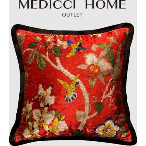 Medicci Home Luxurious Cushion Cover Italy Import Shiny Velvet Flowers Birds Plants Print Retro Vintage Ancient Pillow Case Red