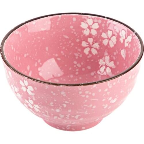 Salad Bowl Fruit Kitchen Tableware Childrens Students Rice Bowl Sakura Ceramic Bowl Soup Bowl 4.5 Inch Pink 1PC LQ