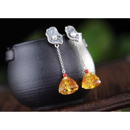 Vintage Natural Honey Wax Lotus Earrings Pendant