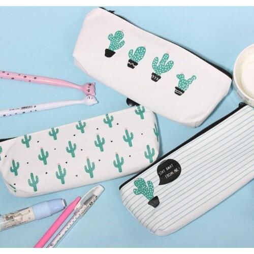 Green Cactus Print Pencil Bags Canvas Pencil Case Pencilcase Pencil Bag Pen Organizer Storage Pouch School Stationery Supplies