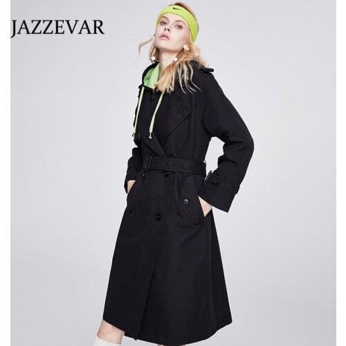 JAZZEVAR Hooded windbreaker women 2021 new autumn and winter casual solid color loose double-breasted windbreaker jacket women