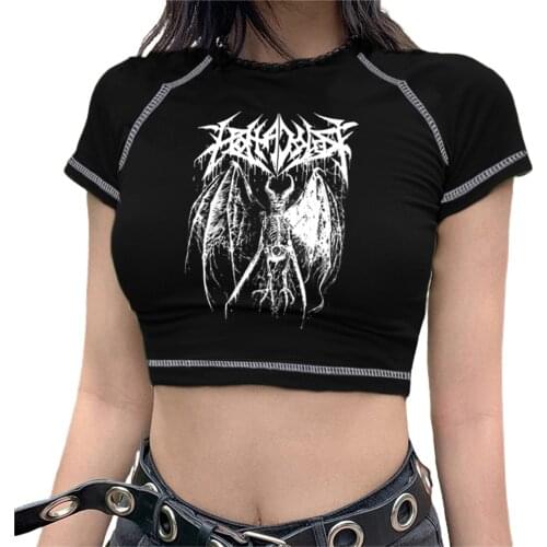 Womens Casual Short Sleeve Round Neck Polyester T-shirt Fashion Anime Demon Printing Exposed Navel Pullover Tops