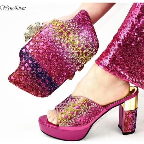 African Women Matching Shoes and Bag Set with Rhinestone Women Shoes and Bag Set In Italy Fuchsia Color WENZHAN 37-42 D912-27