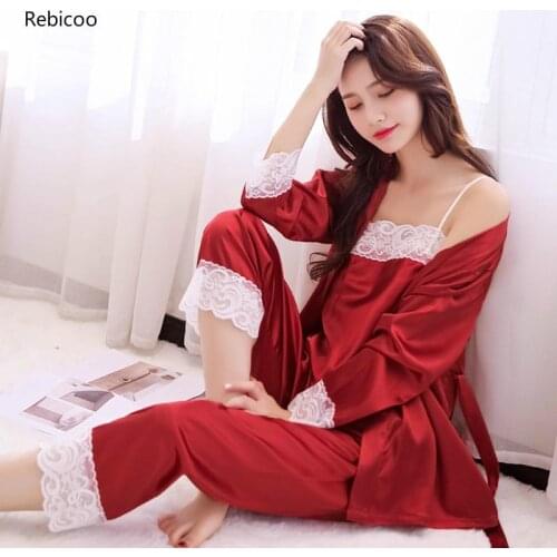 Womens Pyjamas Set Satin 3pcs Sleepwear Lace Intimate Lingerie Sexy Kimono Bathrobe Gown