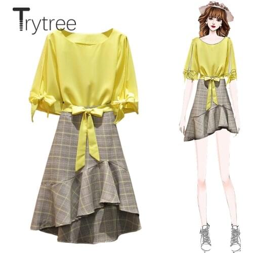 Trytree 2020 Summer Women two piece set Casual O-neck Yellow Loose Tops + Skirt Ruffles A-line Belt Fashion Elegant 2 piece set