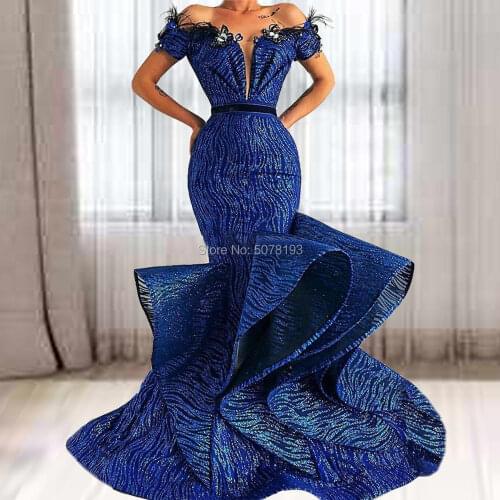 10281 blue V-neck off-the-shoulder mermaid/trumpet floor-length sequin evening-dresses/formal-gowns pleat&feather free shipping