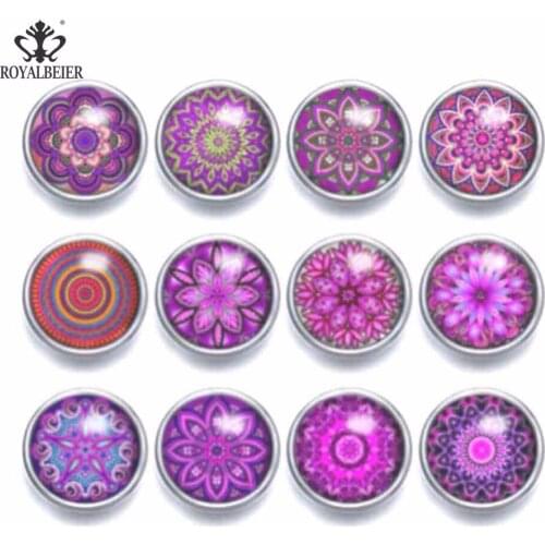 12pcs Glass Charms 12mm Snap Button Purple Kaleidoscope Flower Theme Fit Snap Bracelet 12mm Snap Earrings Snap Jewelry KZ0947c