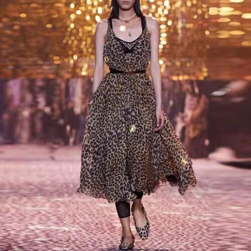 2021 Smmer Designer Fashion Leopard Print Dress Runway New Sexy Spaghetti Strap V-Neck Backless Long Party Holiday Dress