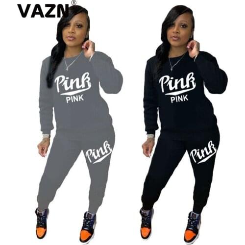 VAZN 2021 Special Sexy O-neck Two Piece Set Letter Print Button Loose 2 Piece Set Women Long Sleeve Top And Pant Autumn