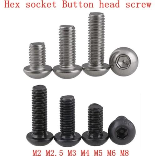 5-50pcs ISO7380 Hex Socket Button Head Allen Bolt Screw M2 M2.5 M3 M4 M5 M6 M8 304 A2 Round Stainless Steel or Black 10.9 grade