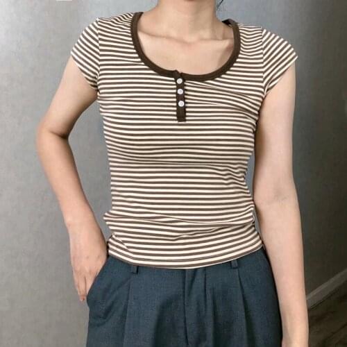 UNUTH Girls Soft Cotton O Neck T-shirt 2021 Summer Fashion Ladies High Street Slim T-shirt Female Striped T-shirt Top