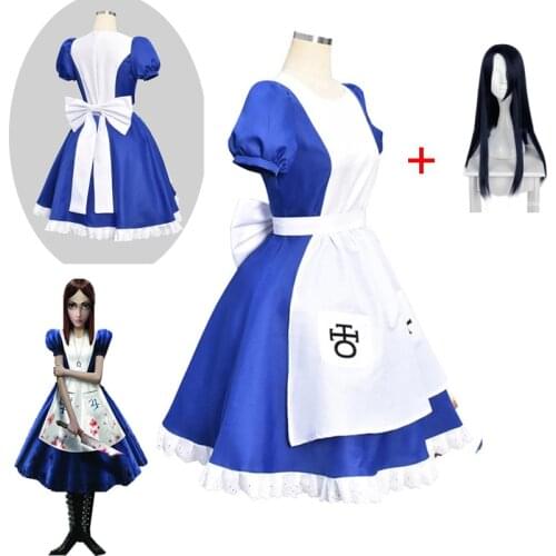 Game Alice Madness Returns Cosplay Costume Halloween Costumes Maid Dresses Apron Dress For Women costume and wig
