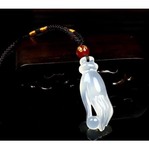 Natural White Chalcedony Agate Fingered citron Pendant Jade Necklace Pendant Zhang shang ming zhu Amulet pendant jewelry