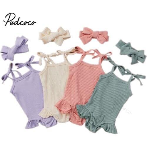 Infant Newborn Baby Girls Summer Ribbed Cotton Outfits, Sleeveless Self Tie Strap Ruffle Bodysuit with Headband Set
