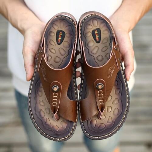 Men Summer Shoes Genuine Leather Mens Sandals 2019 Outdoor Beach Leisure Slippers Flip Flops Men Roman Sandals Big Size 47 46