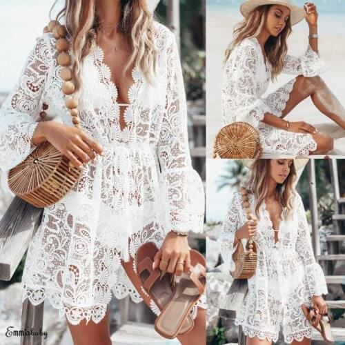 2020 New Floral Lace Hollow Crochet Bikini Summer Women Cover Up Swimsuit Cover-Ups Bathing Suit Beachwear Tunic Beach Dress