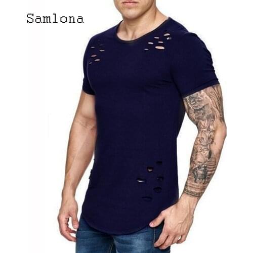 Samlona New Patchwork T-shirt Men Fashion Hole Ripped Tops 2021 Summer Casual Tees Pullovers Sexy Mens clothing Plus Size S-3XL
