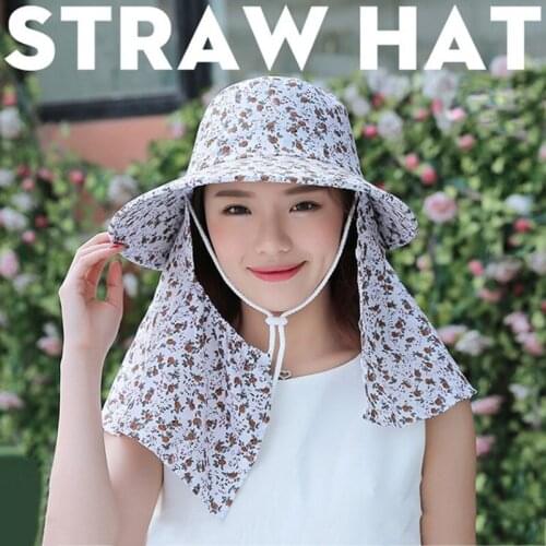 Sun Hat Women Summer Anti-Uv Large Wide Brim Beach Cap Floral Print Protection Neck Face Wide Brim Sunscreen Soft Breathable Hat