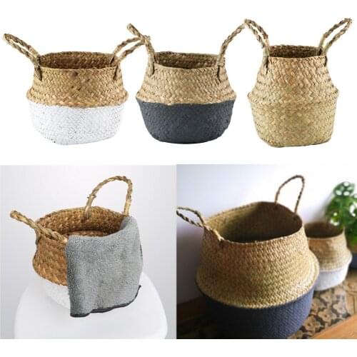 Sundries Storage Basket With Handle Natural Sea Straw Textile Organizer Foldable Handmade Woven Basket