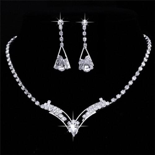 Sparkling V Shaped Rhinestone Crystal Necklace Drop Earring Jewerly Sets Bridal Wedding Set Jewelry for Women