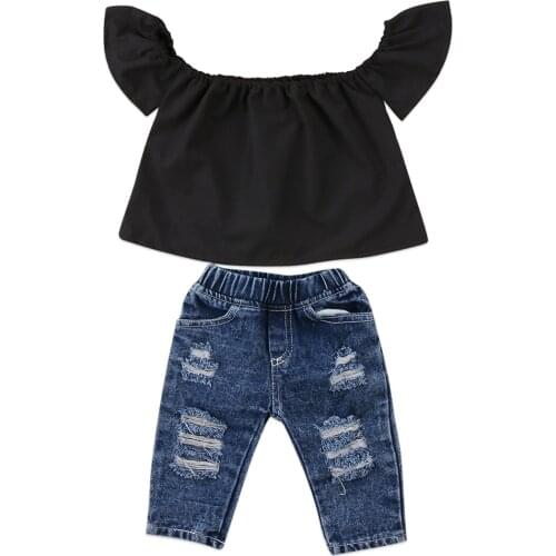 Citgeett Toddler Kids Baby Girls Off Shoulder Black Solid Tops Denim Long Pants Hole Outfits Fashion Cute Summer Set