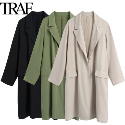 Traf Za Women Clothes Korean Fashion Streetwear New Fall 2021 Khaki Lapel Mid Length Trench Coats Mujer