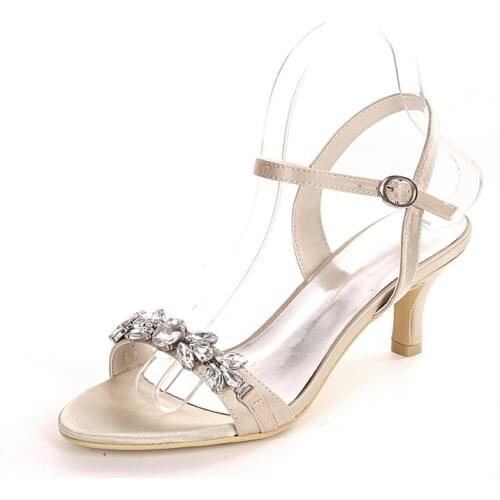Mid Heels Satin Crystals Wedding Sandals Shoes Women Open Toe Ankle Buckle Strap Heeled Prom Evening Bridal Party Summer Shoes