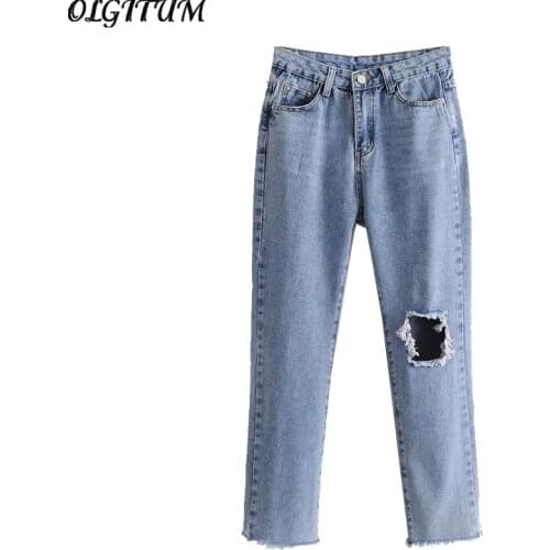 2019 New Washed Women Pants Long Slim Holes Pencil Pants Vintage High Waist Jeans Fashion Loose Cowboy Nine Pants Hot Sale