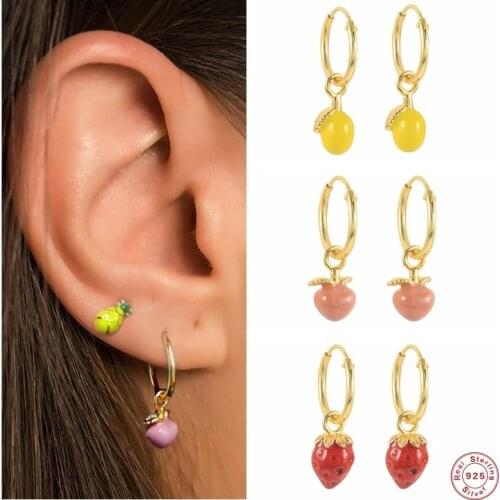 Aide 925 Sterling Silver Fruit Collection Drop Earrings Hot Enamel Lemon Strawberry Charm Pendant Dangle Earrings Summer Jewelry