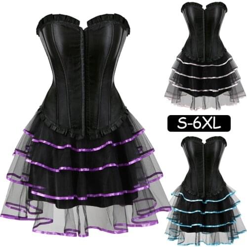 Womens Corselet Top Party Tutu skirt Sexy Gothic Steampunk Overbust Corset Dress Ruffle Lace up Satin Bustier Burlesque Costume