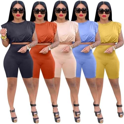 Women Solid Color Two Piece Set Sleeveless O-neck Crop Tops And Stretchy Shorts Active Tracksuit Casual Outfits 2021 Summer