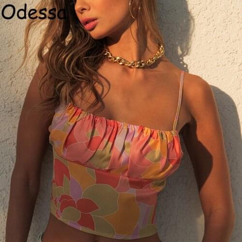 Odessa Off Shoulder Sexy Print Crop Top Women Y2K Sleeveless Beach Floral Backless Bandage Strap Summer Casual Camis Tanks 2021